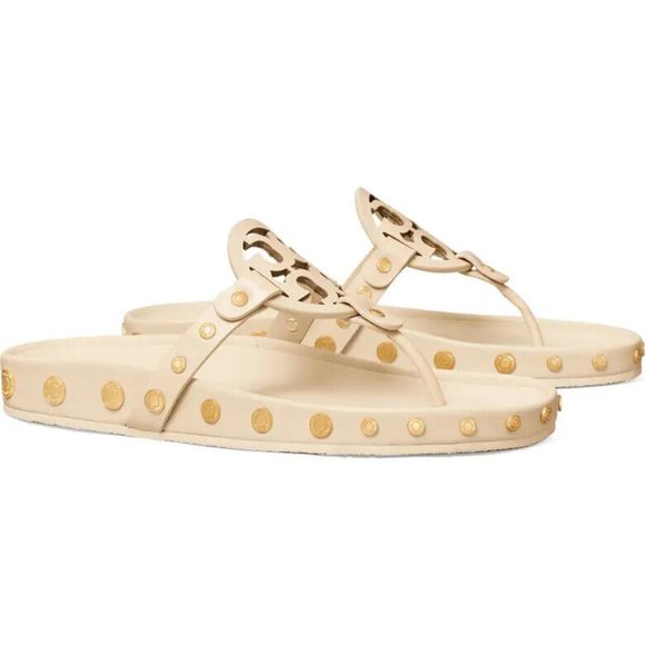 ❤️ NIB Tory Burch Miller Cloud Coin Leather Thong Sandal CREAM Ivory US 6 AUTHNT